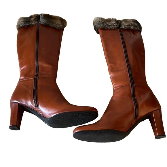 Italian Leather Faux Fur Trimmed Heeled Boots Womans Size 39 US 9 - Picture 4 of 10
